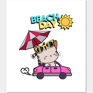 Cute Tabby Cat going to the beach in summer Posters and Art